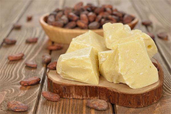 Pale cocoa butter pieces beside cocoa beans.