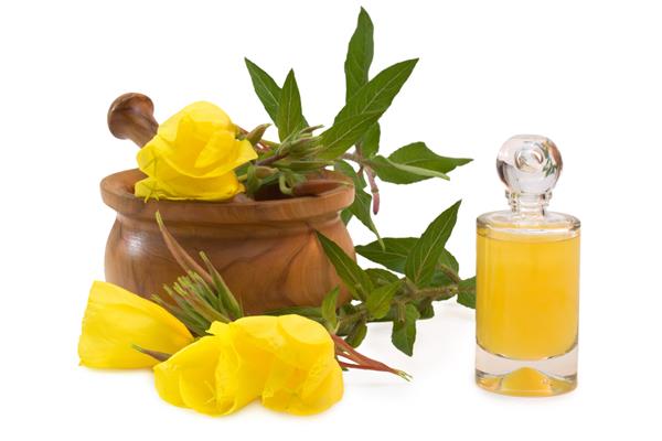 Evening primrose flowers beside a bottle of oil.