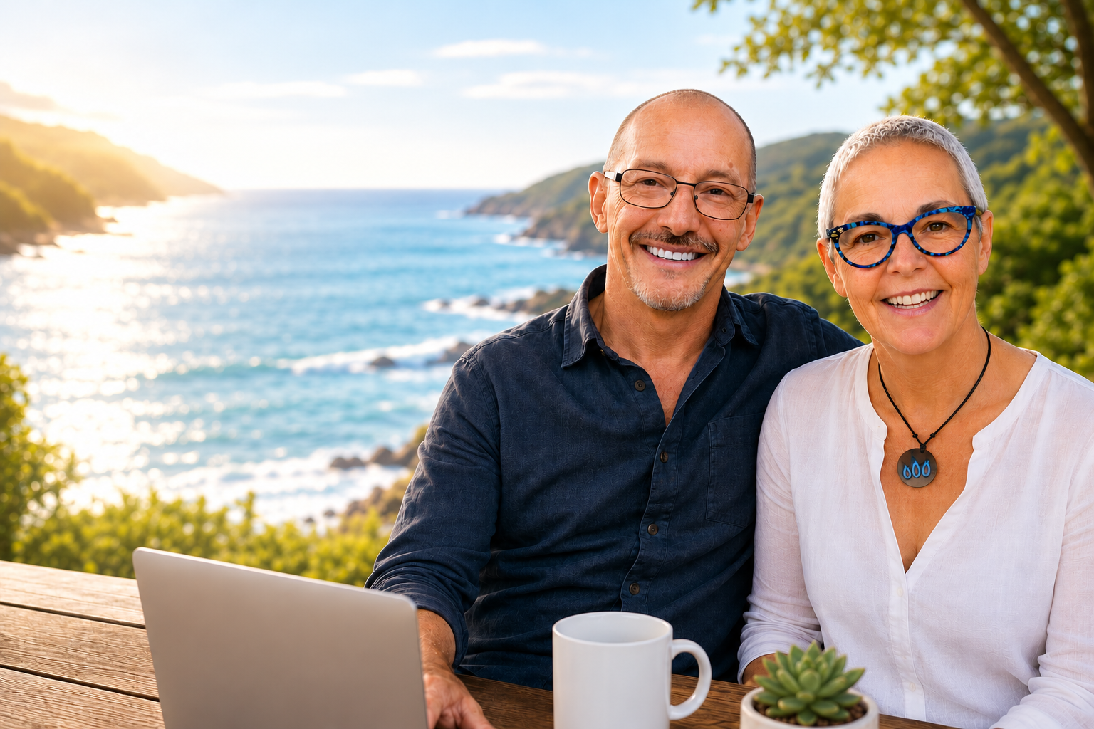 A smiling couple at a table overlooking the coast, with a laptop and coffee